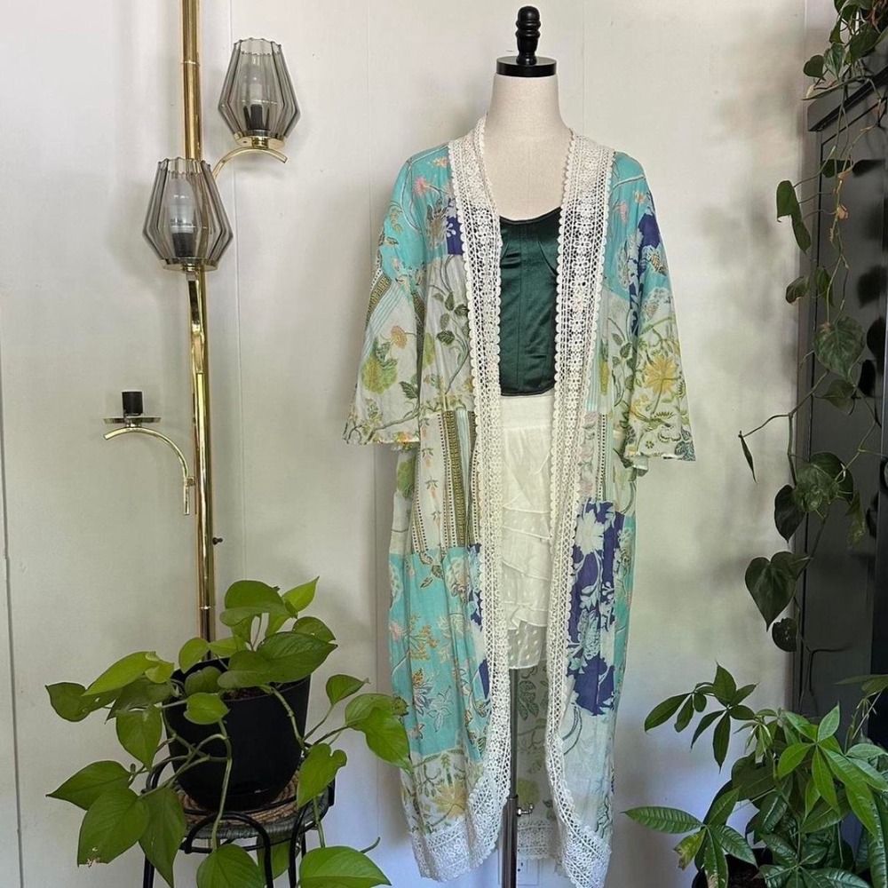 A Beautiful Soul Blue Green Floral Maxi Kimono Crochet Lace Duster Medium